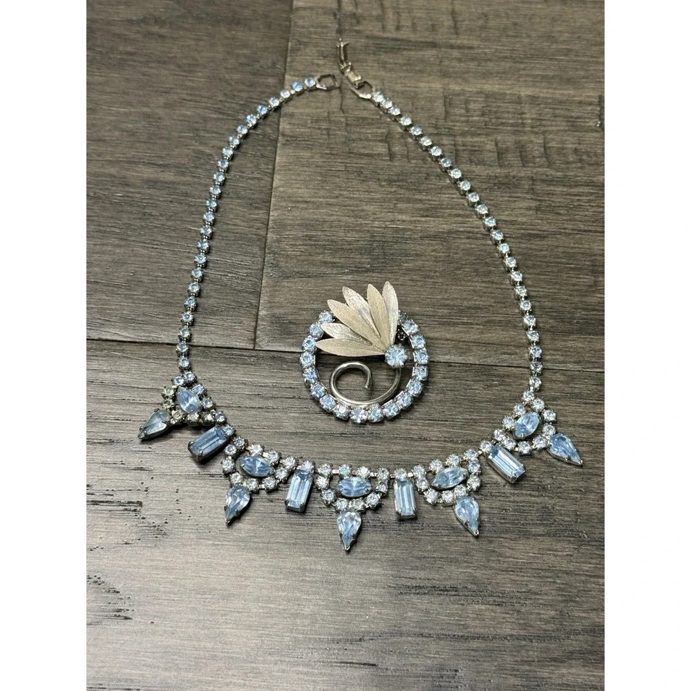 Vintage Prong Set Blue Rhinestone Bib Necklace & Fan Brooch Set Silver Tone 1950